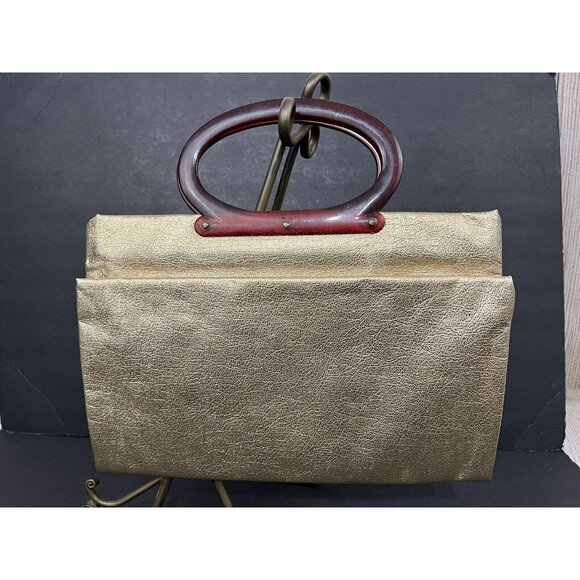 Vtg 60s Lady’s Pride Handbag Expandable Tote Gold Lame Tortoise‎ Lucite Handle - Picture 4 of 9